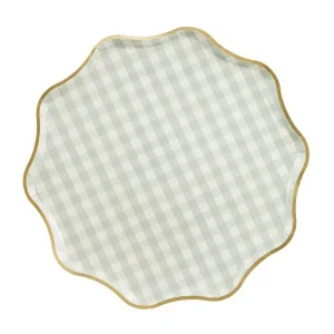 Plato vichy mint con borde dorado / 6 uds.