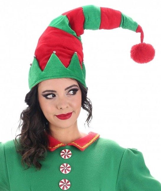 Gorro de elfo navideño rojo y verde con pompón - Image 2