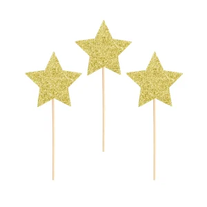 Pinchos estrella purpurina dorado / 6 uds.